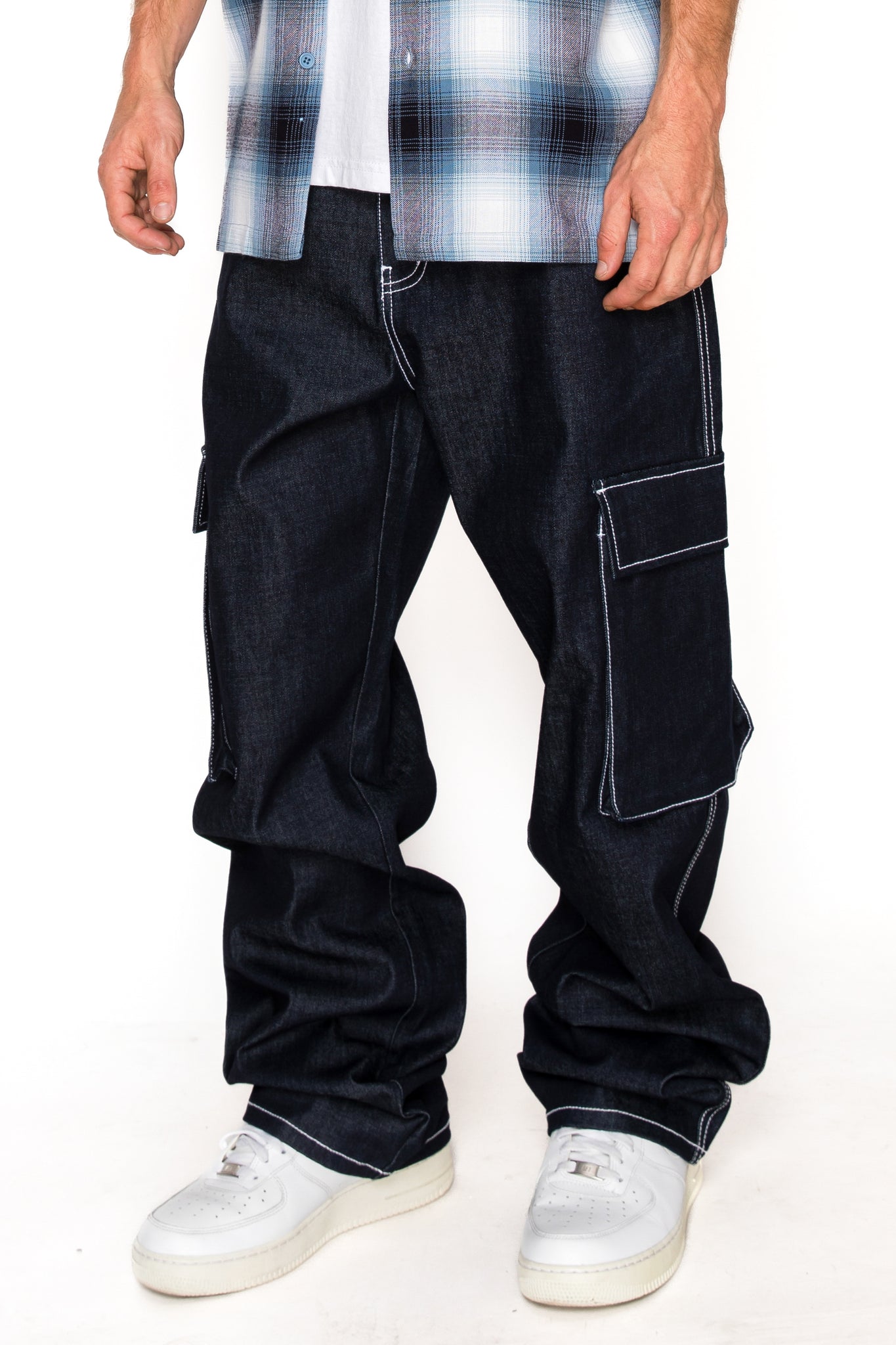 Baggy Fit Raw Denim Cargo Jeans