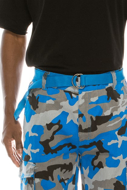 CAMO BELTED CARGO SHORTS - BLUE