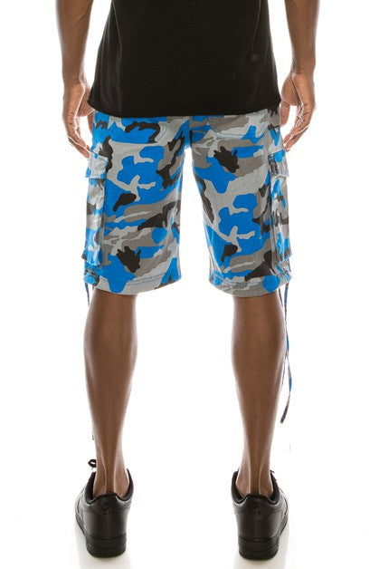 CAMO BELTED CARGO SHORTS - BLUE