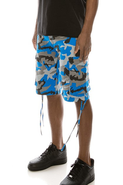 CAMO BELTED CARGO SHORTS - BLUE