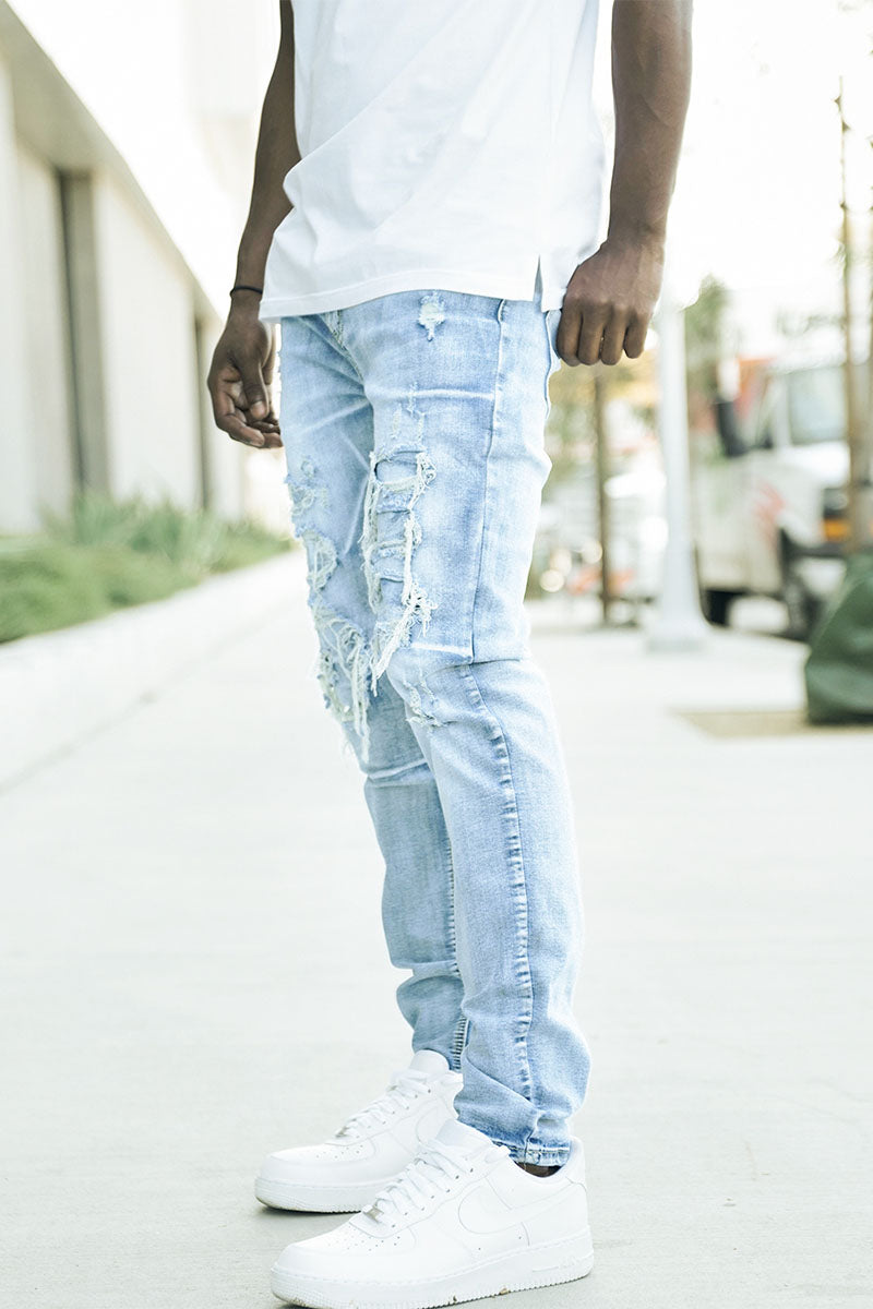 RIP & REPAIR DENIM JEANS - LT. INDIGO