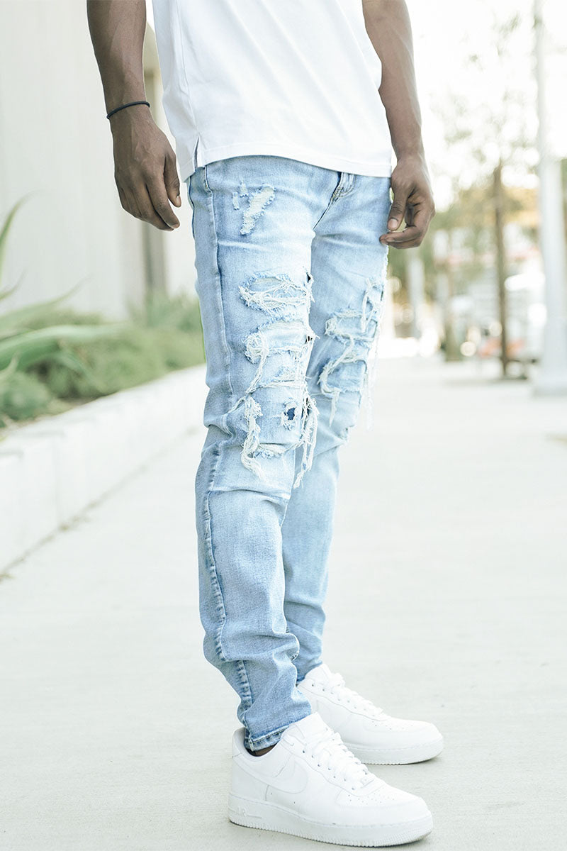 RIP & REPAIR DENIM JEANS - LT. INDIGO