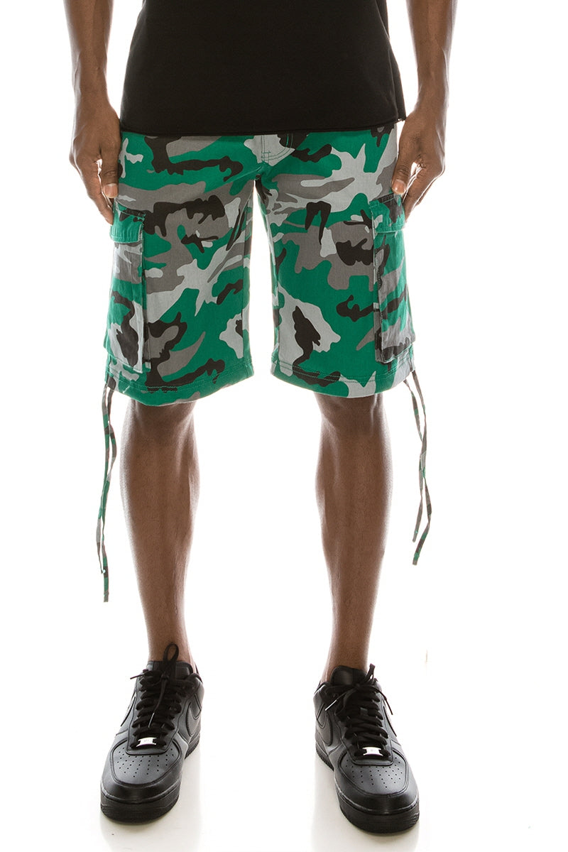 CAMO BELTED CARGO SHORTS - GREEN