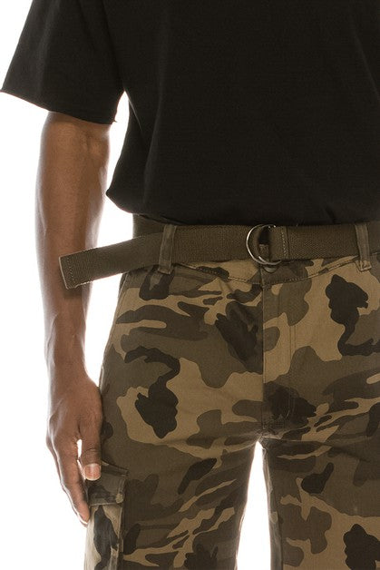 CAMO BELTED CARGO SHORTS - OLIVE
