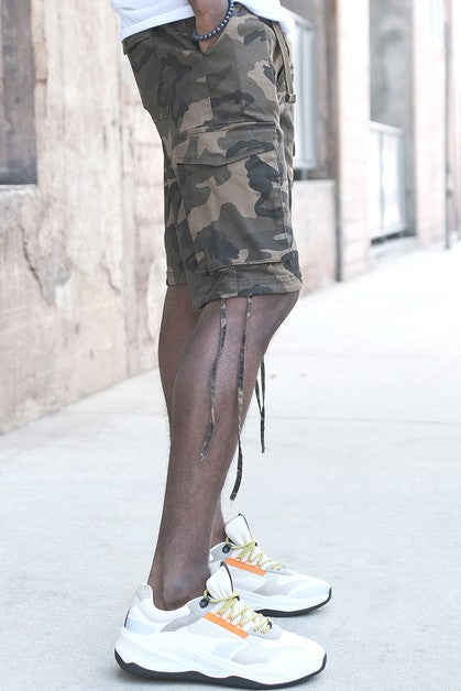 CAMO BELTED CARGO SHORTS - OLIVE