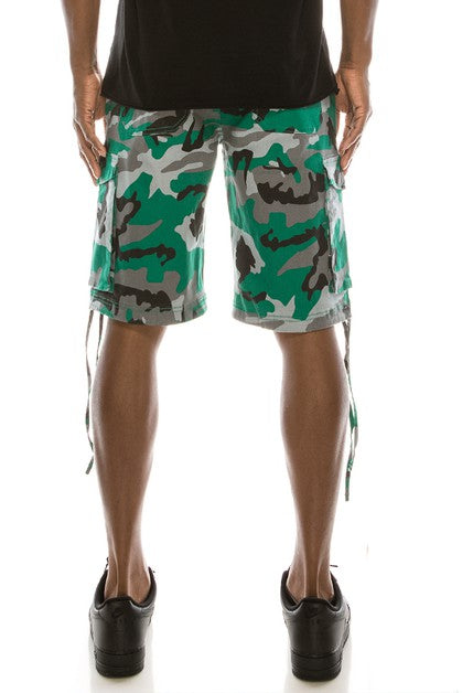 CAMO BELTED CARGO SHORTS - GREEN