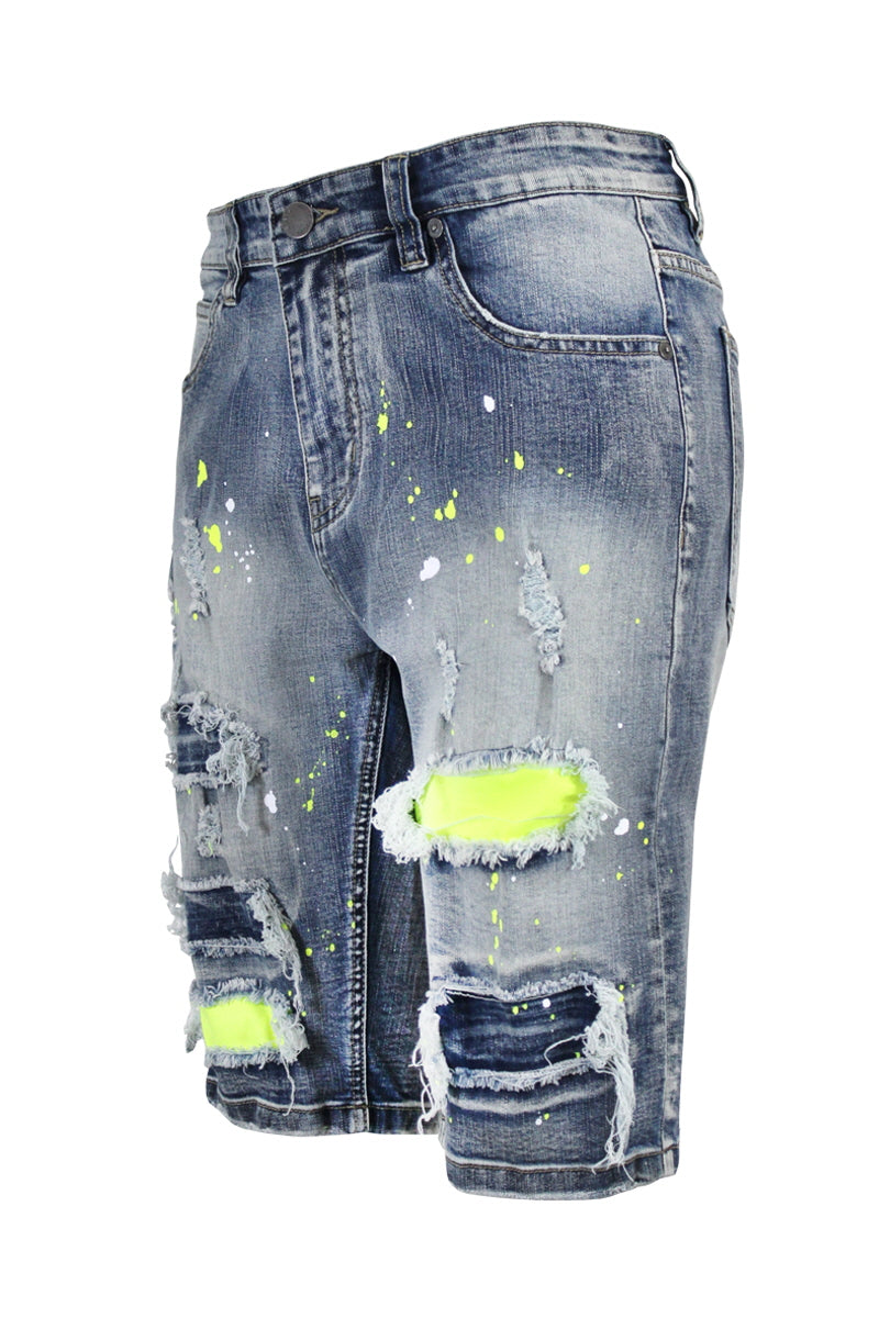 NEON PAINTED SPLITTER DENIM SHORTS
